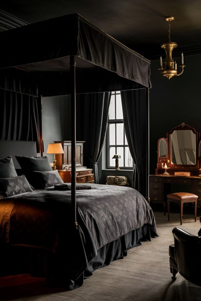 A cozy dark academia bedroom with a bed dressed in dark, rich fabrics and elegant monogrammed linens, surrounded by vintage furniture and ambient lighting