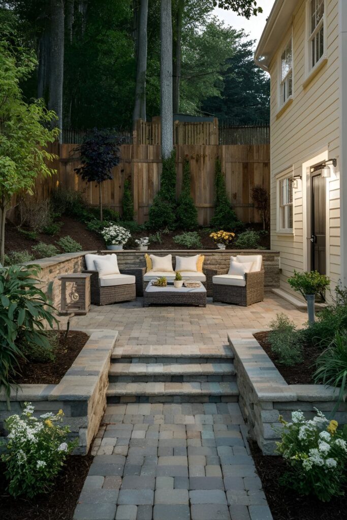 A cozy, intimate sunken patio built with pavers, featuring steps for access and surrounded by seating