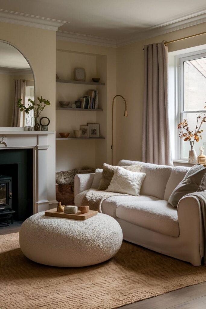 A cozy living room featuring a soft, plush footrest in front of a comfortable sofa, surrounded by warm lighting and soft furnishings