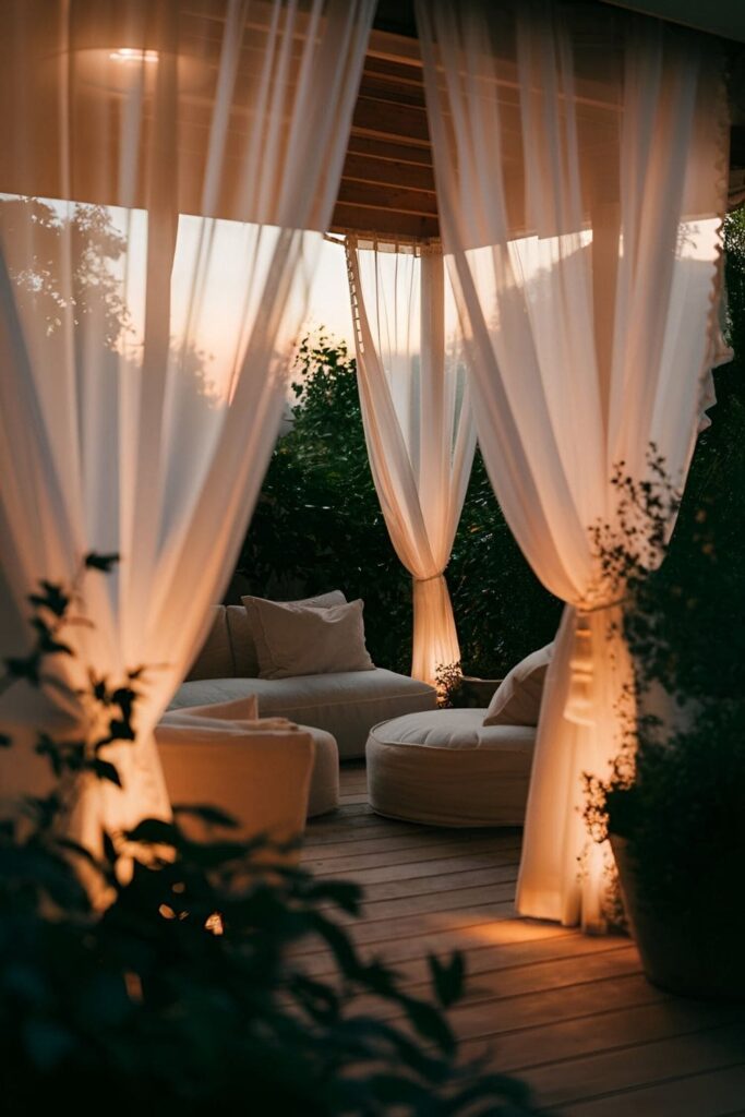 A cozy patio at dusk with light curtains hanging around, casting a soft, ethereal glow, illuminated by solar-powered lights