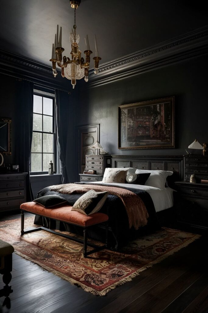 A dark academia bedroom with dark wood floors, rich fabrics, antique furniture, and ambient lighting creating a cozy and sophisticated atmosphere