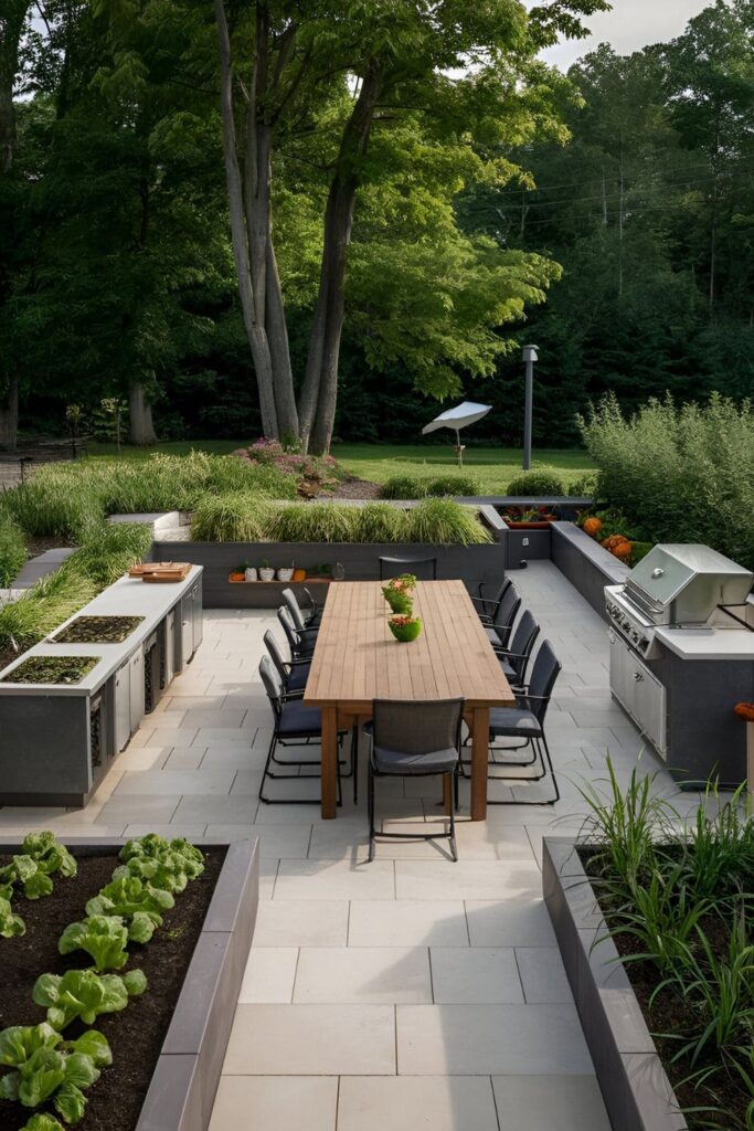 A farm-to-table patio featuring raised garden beds, planters with herbs and vegetables, a grill with a prep area, and a large communal dining table in a lush garden setting