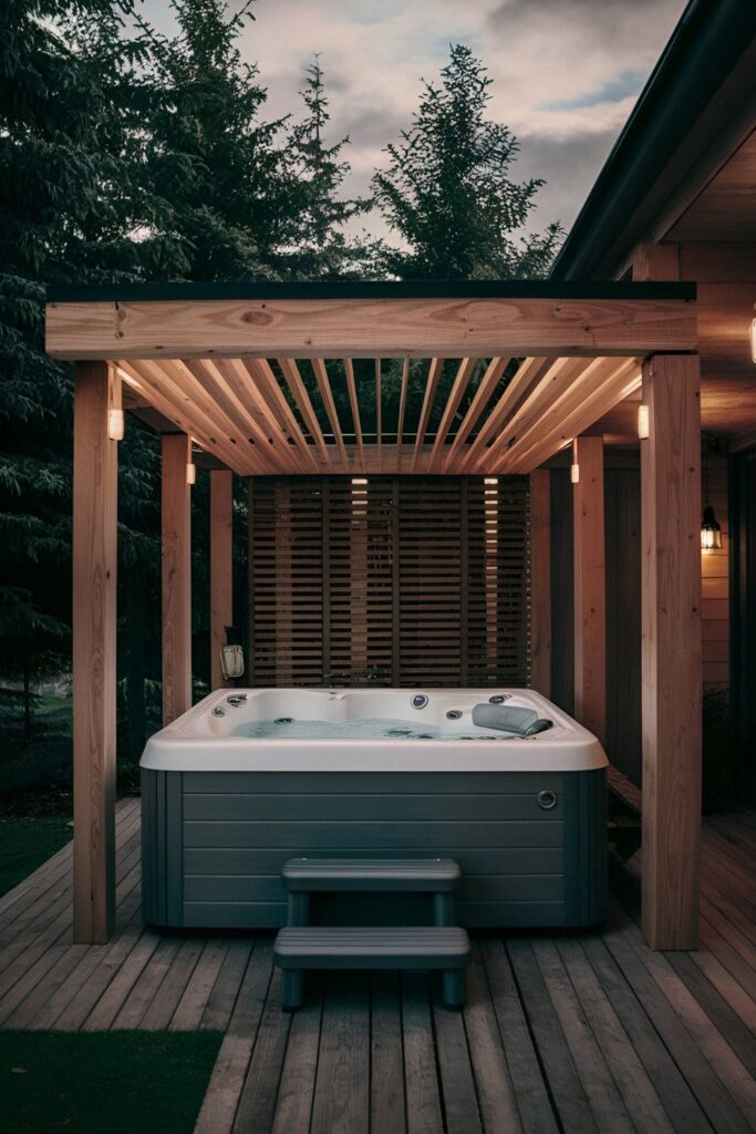 A fully enclosed hot tub with materials like wood, metal, or glass, providing complete privacy and protection from the elements