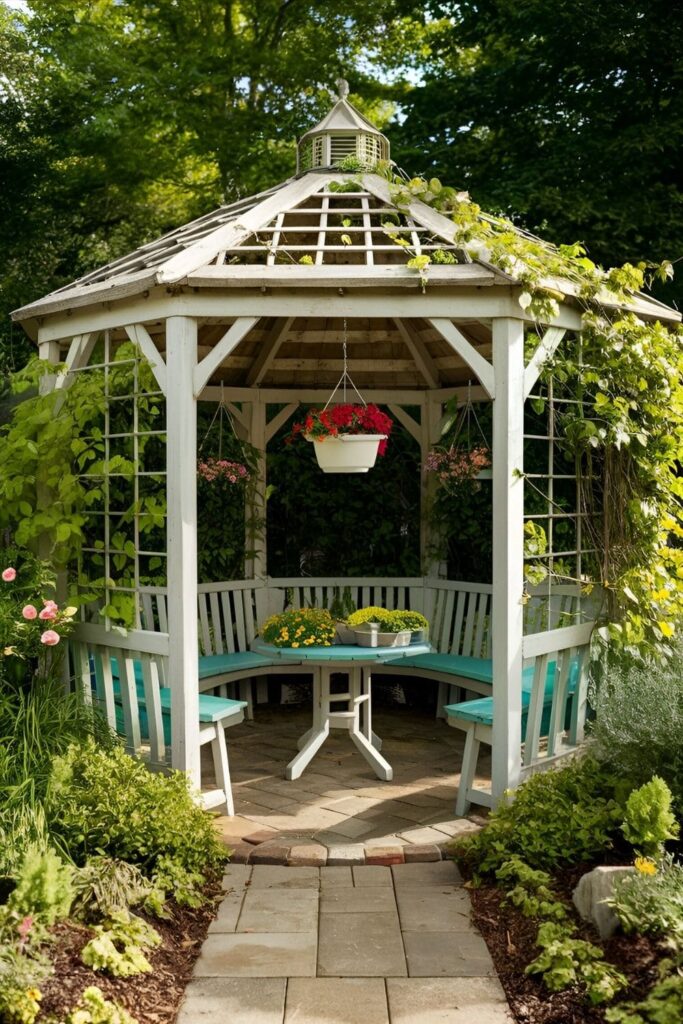 A garden gazebo surrounded by lush greenery, flowers, and climbing plants, with a trellis roof and hanging planters for a peaceful oasis feel