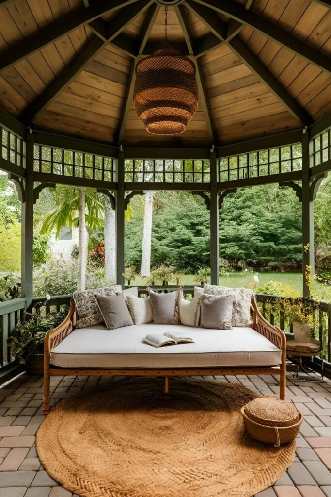 A gazebo with a comfortable daybed, adorned with a plush mattress and plenty of cushions, perfect for lounging, napping, or reading