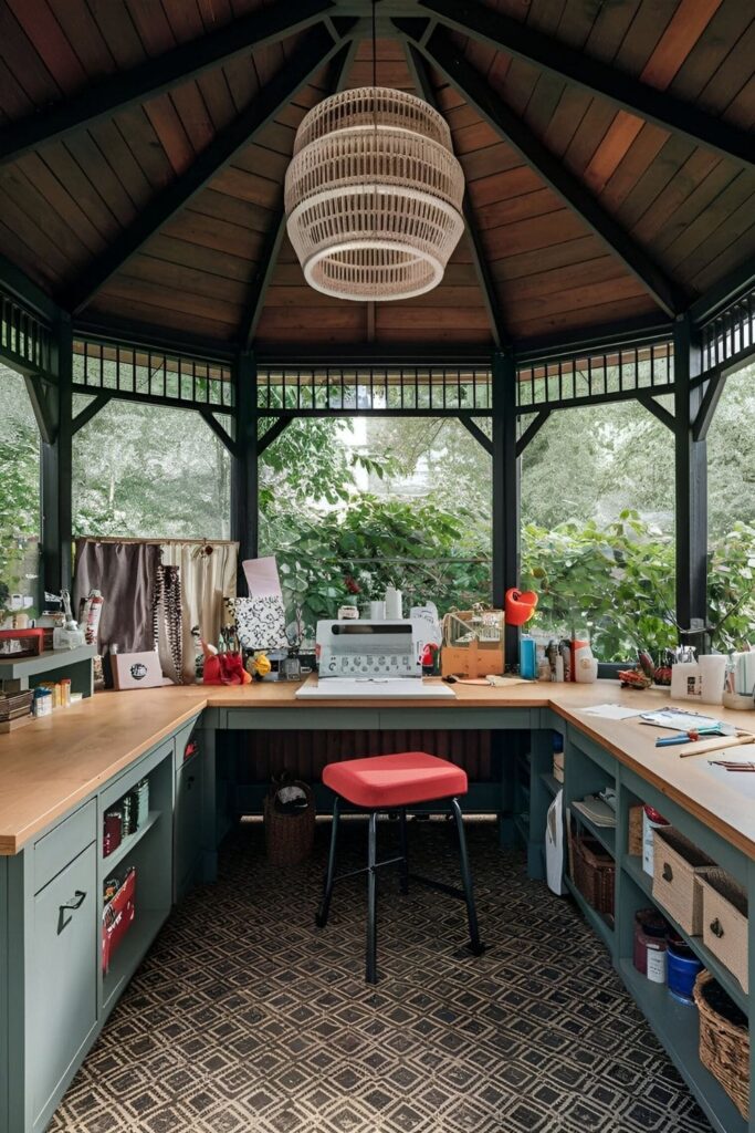 A gazebo with a crafting corner, including a large table and storage for supplies, with good natural light and ventilation for creative work