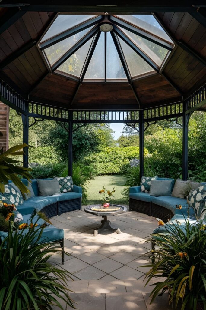 A gazebo with a skylight, allowing natural light to flood the space, ideal for stargazing at night or enjoying sunlight during the day