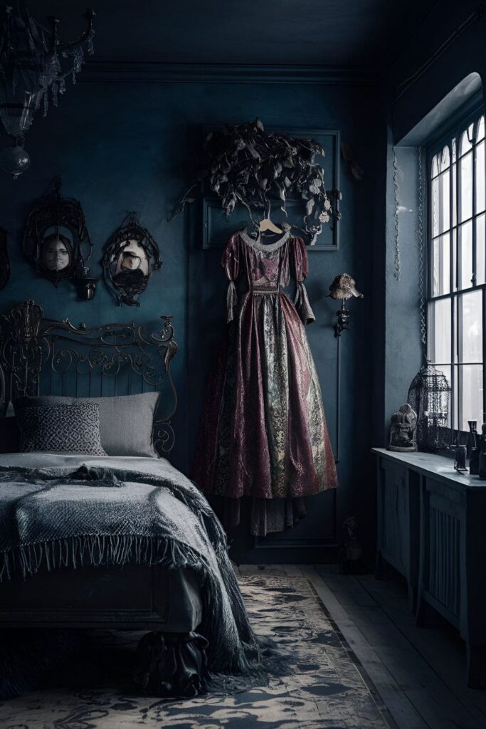 A gothic bedroom featuring a vintage dress form used to display clothing and accessories, adding a touch of old-world charm