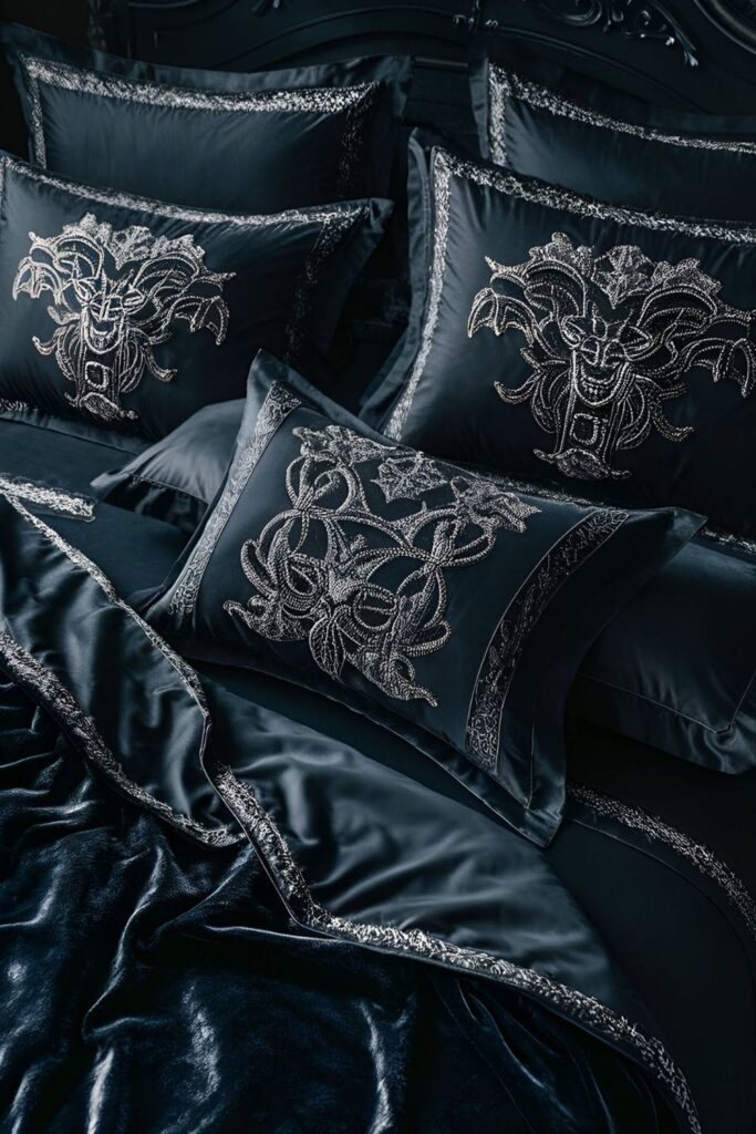 A gothic bedroom with a complete bedding set, including sheets, pillowcases, and comforters in dark colors and rich textures