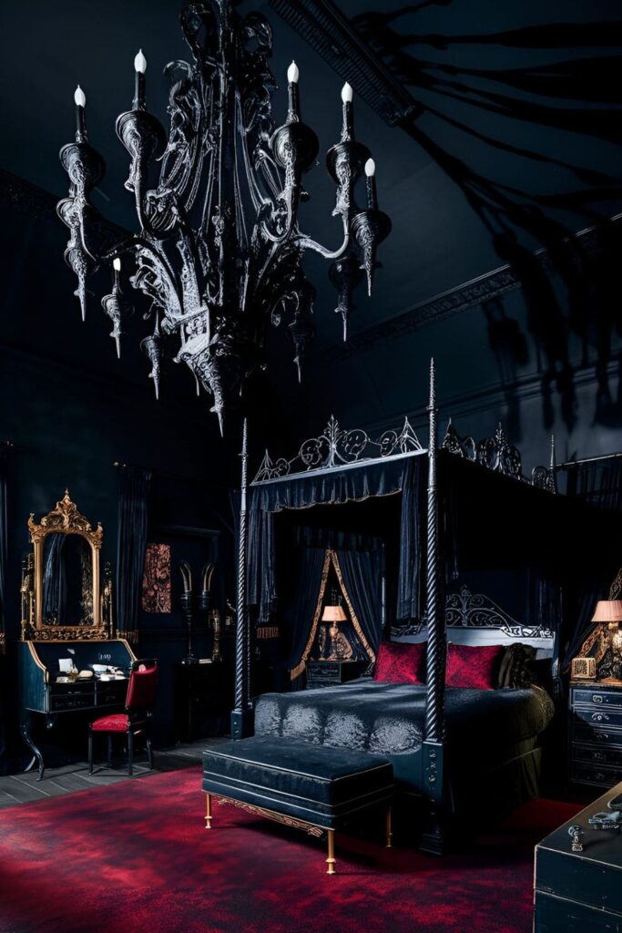 A gothic bedroom with a dark chandelier made of black wrought iron and antique brass, enhancing the room's gothic ambiance