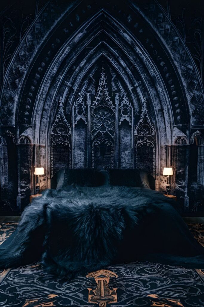 A gothic bedroom with a dark-colored rug featuring intricate gothic patterns, adding warmth and texture to the floor