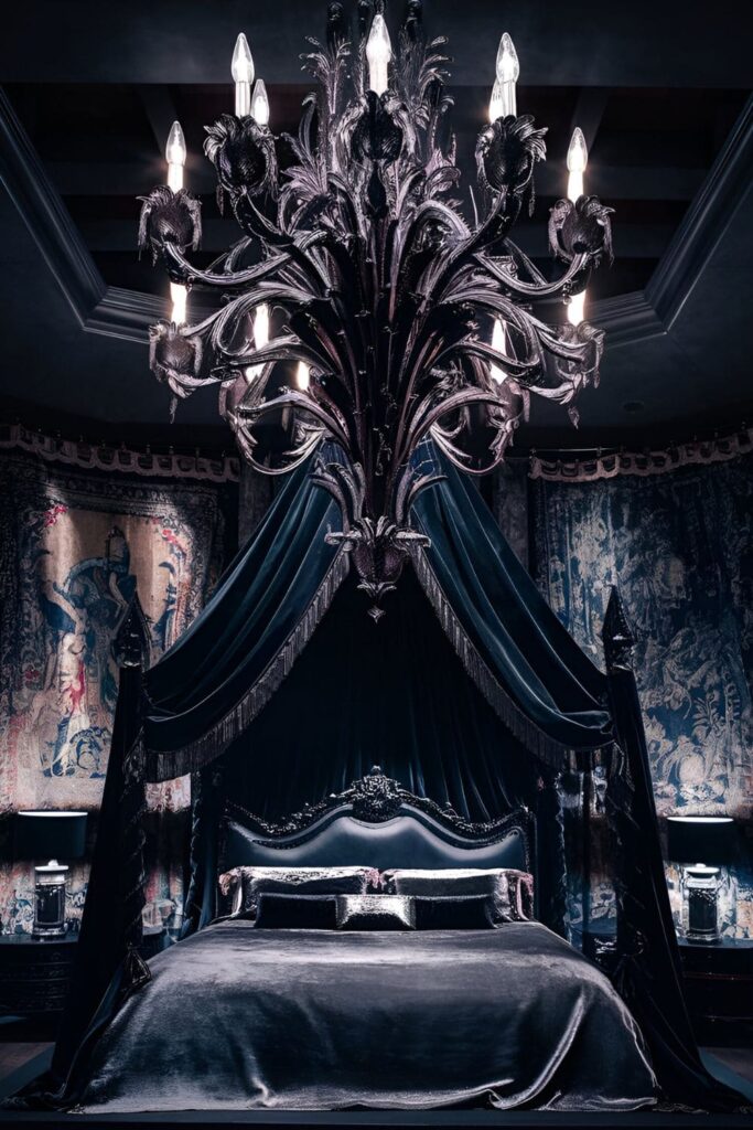 A gothic bedroom with a statement chandelier made of dark metal finishes and intricate details, adding drama and elegance