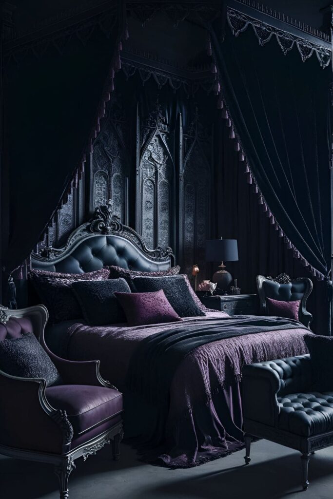 A gothic bedroom with furniture upholstered in black leather, deep purple velvet, and dark patterned fabrics, with added throw pillows