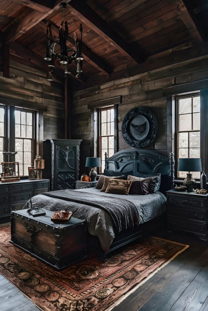 A gothic bedroom with heavy, dark wooden furniture, including a large wooden table and chest with metal details