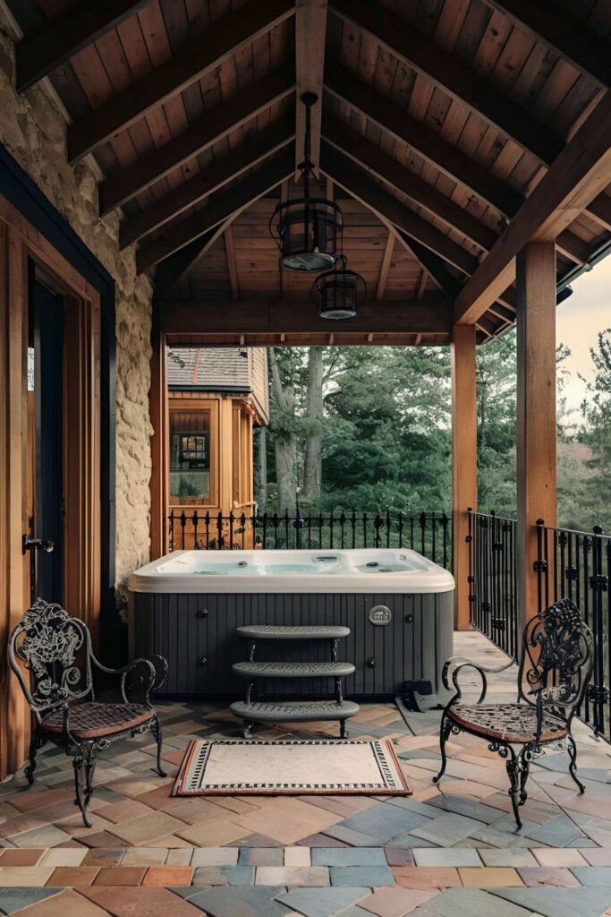 A hot tub area with elegant wrought iron railings, furniture, and decorative pieces, adding durability and intricate designs