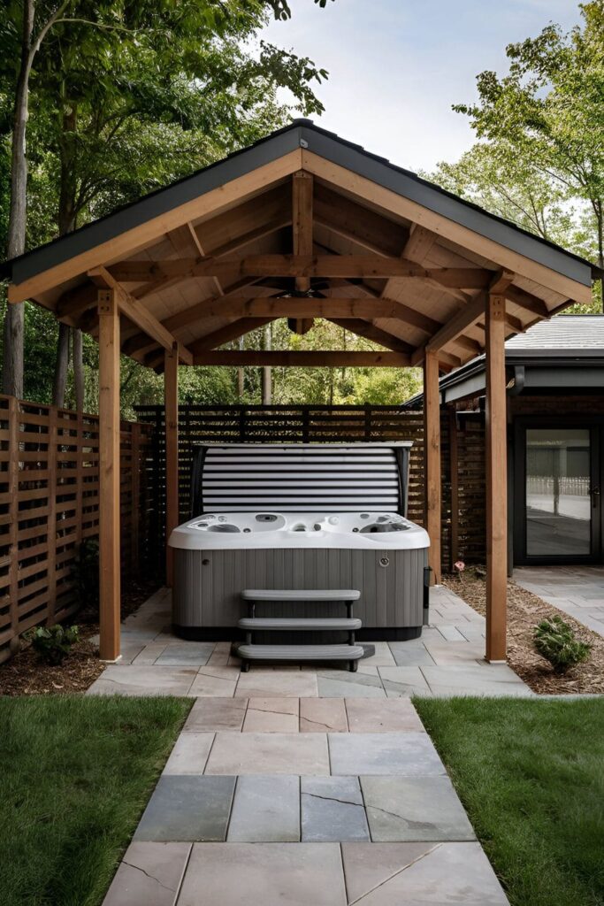 A hot tub pavilion made of wood or metal, providing full coverage and designed to match the home’s architecture