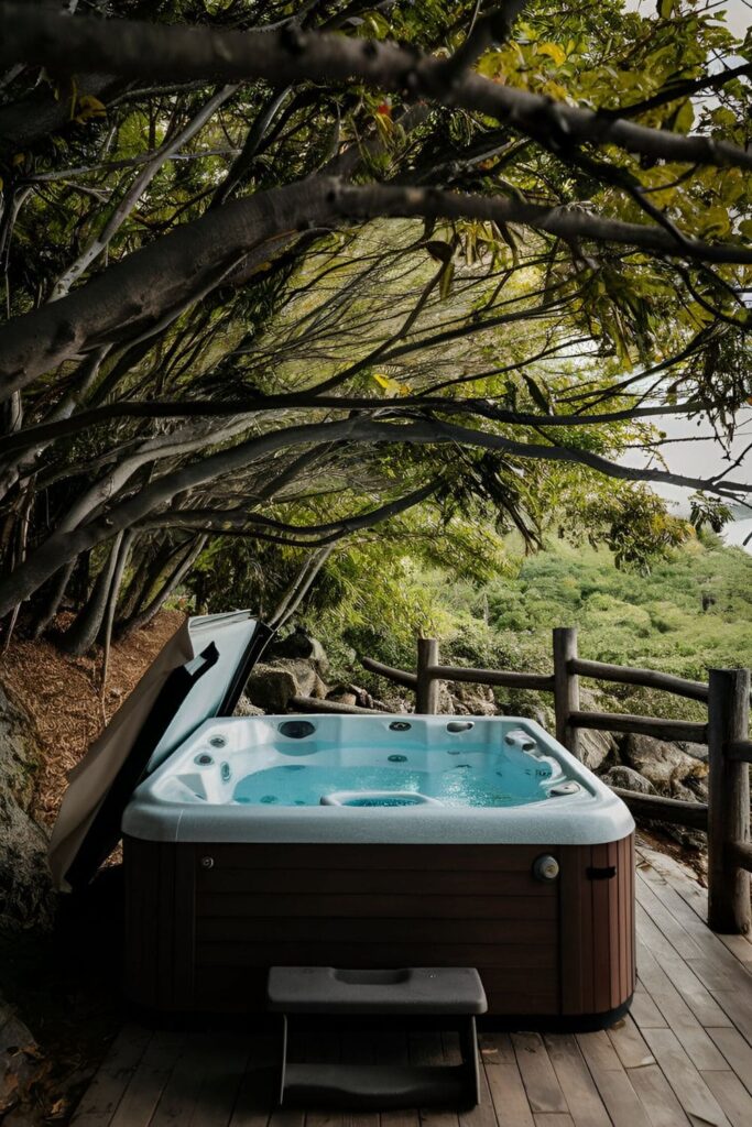 A hot tub positioned under a natural tree canopy, providing shade and a serene, forest-like atmosphere