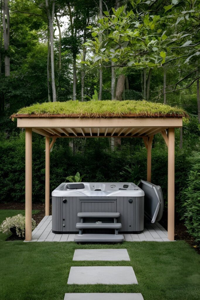 A hot tub structure with a green roof covered in low-maintenance plants, adding insulation and a touch of nature