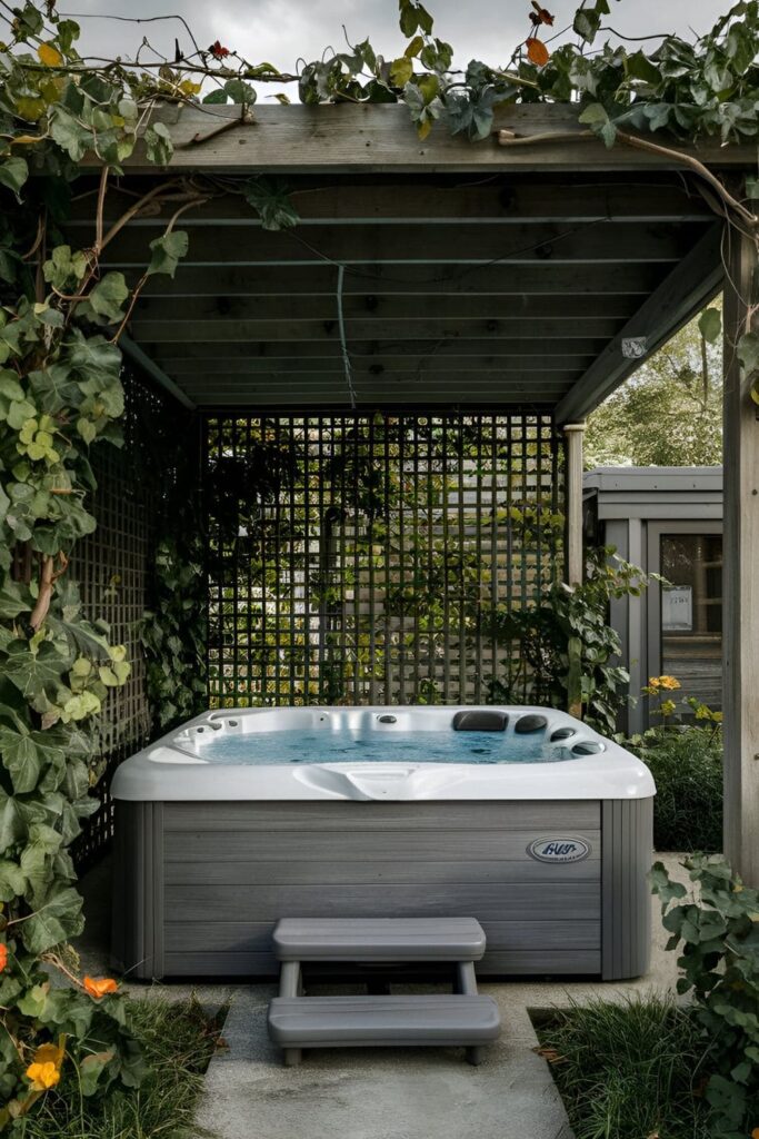 A hot tub under a trellis with climbing vines, creating a natural green wall for added privacy and a touch of nature