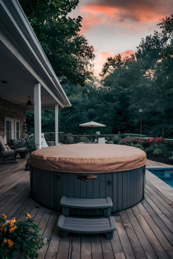 A hot tub with a custom cover that complements the patio decor, protecting the hot tub when not in use with a stylish design