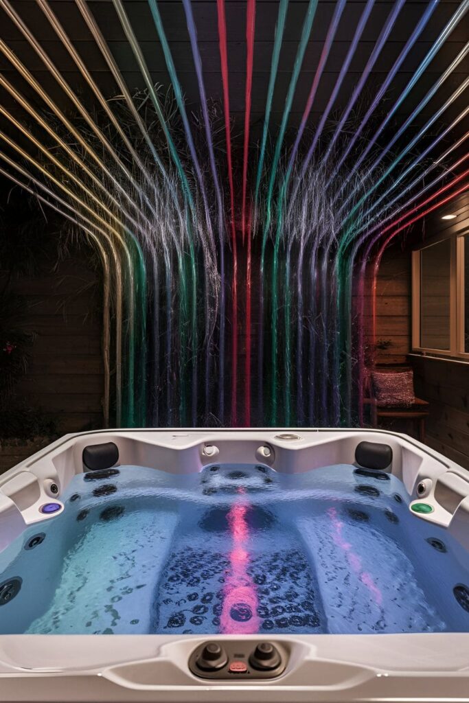 A hot tub with colorful LED water jets that light up the area at night, creating a fun and dynamic atmosphere