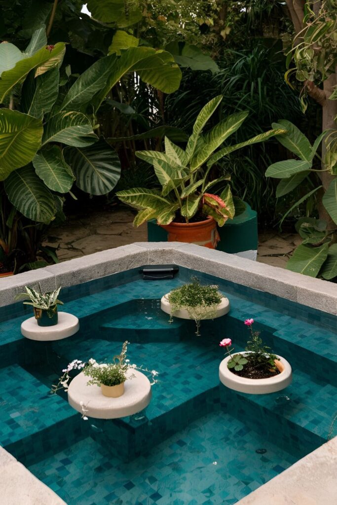 A hot tub with floating planters holding small plants and flowers, creating a lush and natural look