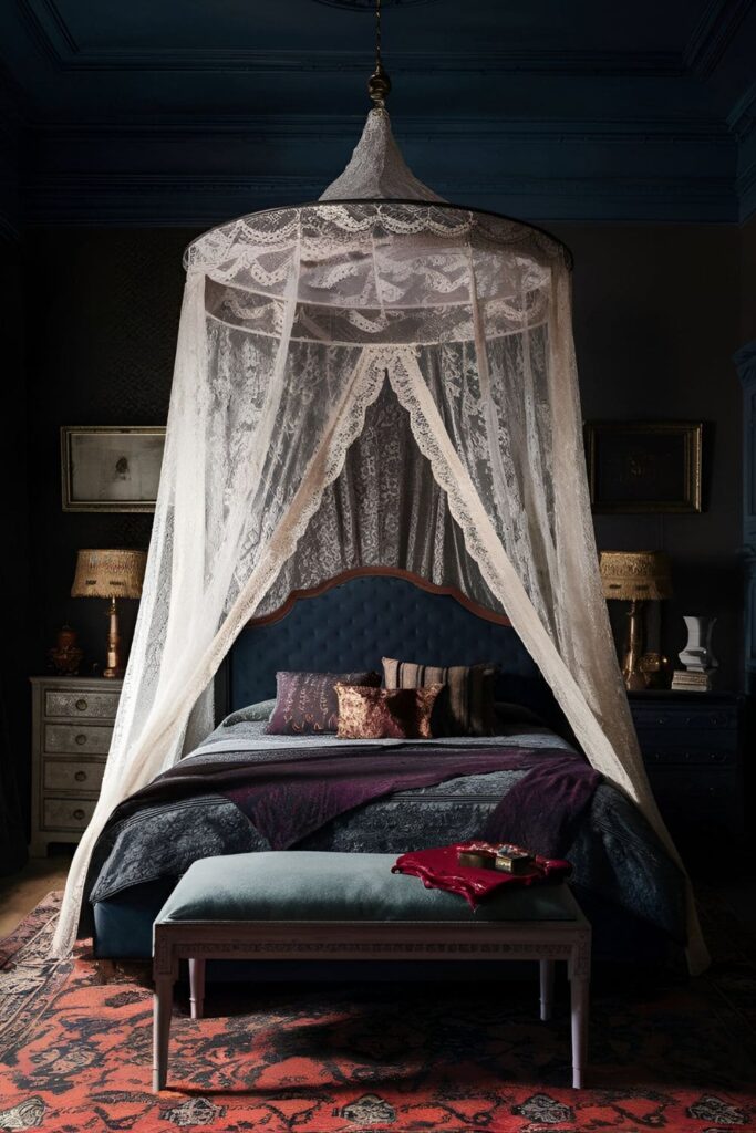 A lace canopy over a bed in a dark academia bedroom contrasting with dark, rich fabrics and antique furniture creating a romantic feel