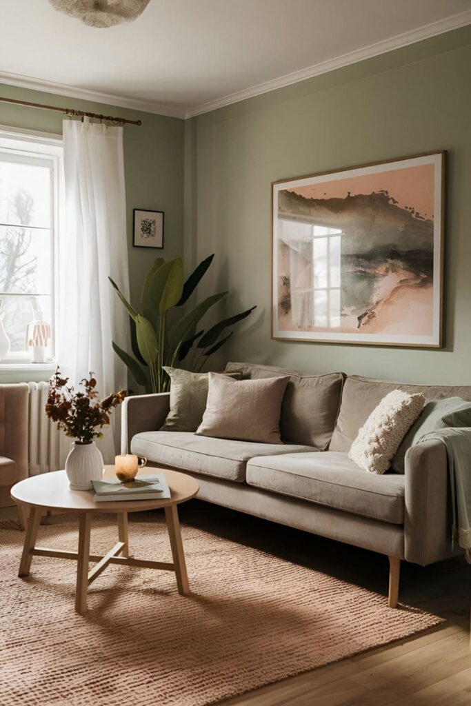 A living room decorated with a cozy color palette of soft, warm colors like taupe, blush, and sage green, creating a relaxing atmosphere