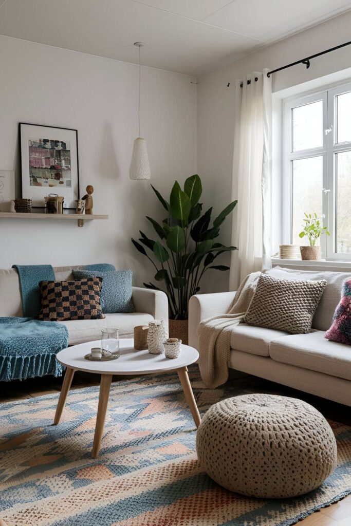 A living room decorated with knitted cushions, blankets, and poufs, showcasing their texture and warmth