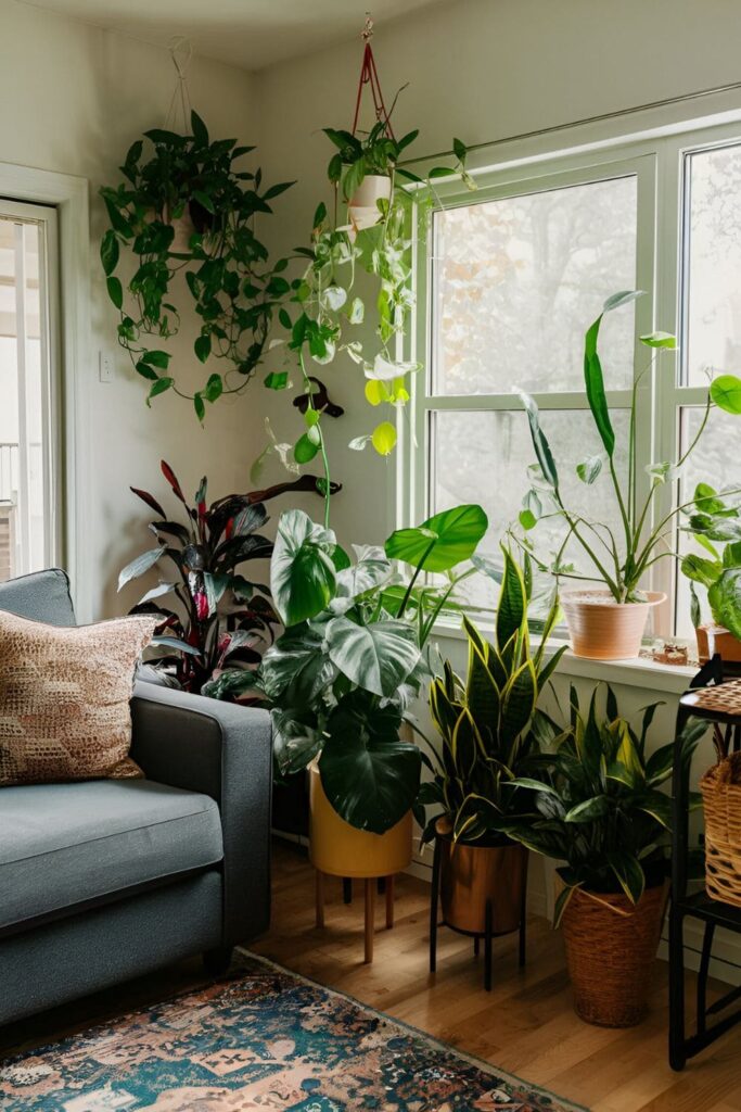 A living room filled with indoor plants like pothos, snake plants, and peace lilies, bringing life and color to the space