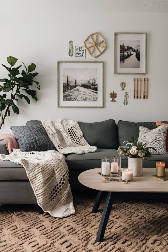 A living room with DIY decor items like hand-knitted blankets, homemade candles, and personalized photo frames, adding a personal and cozy touch