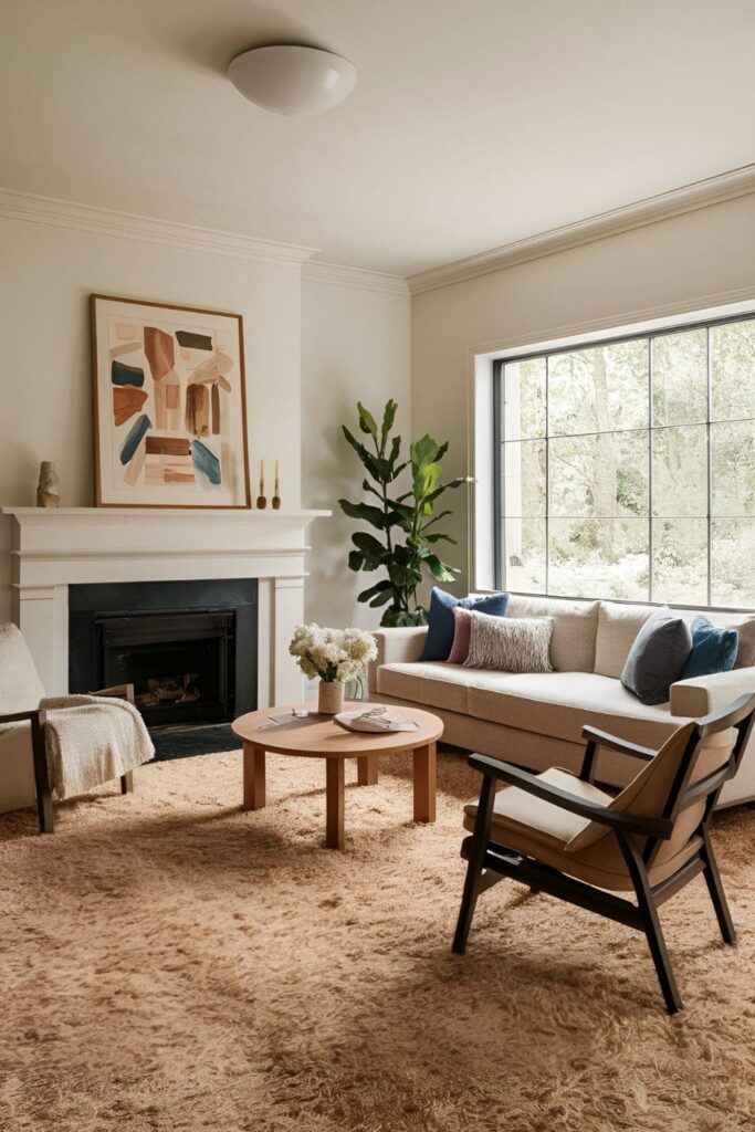 A living room with a thick, plush carpet that adds luxury and comfort, inviting barefoot relaxation