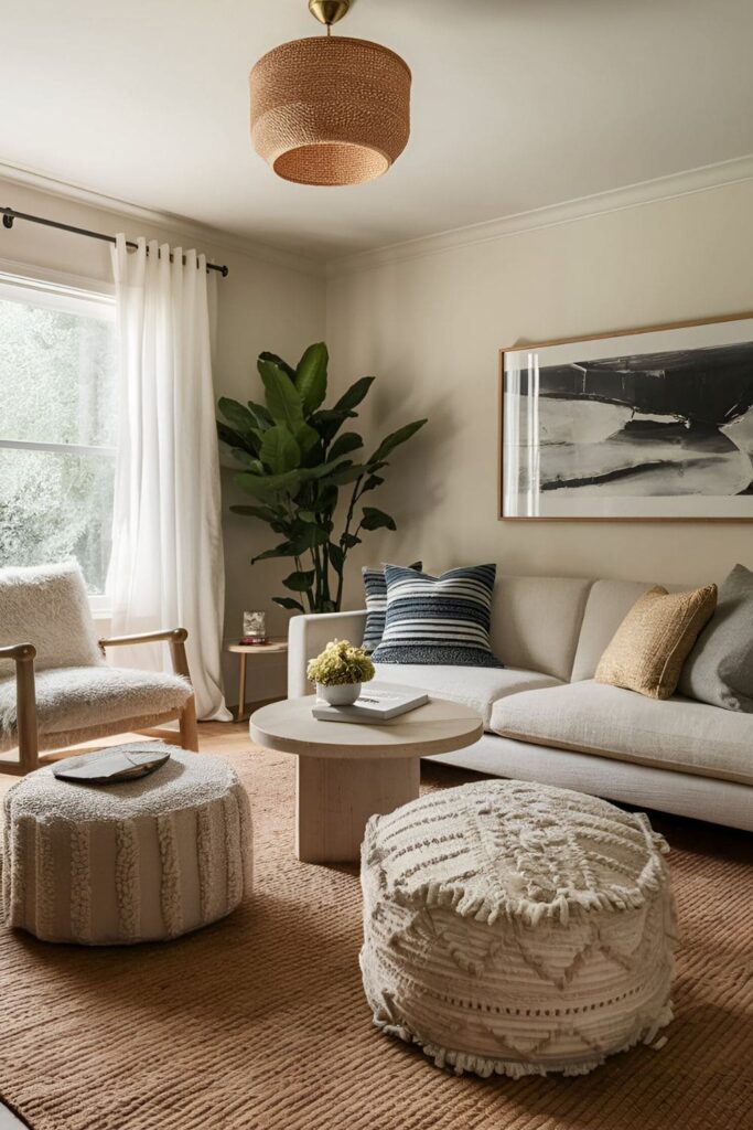 A living room with cozy poufs used as seating, footrests, or small tables, featuring interesting textures and patterns