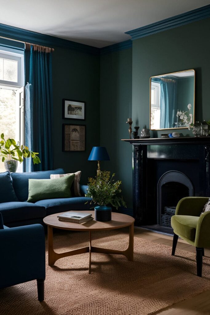 A living room with deep blues, rich greens, and dark browns used on walls, furniture, and accessories, creating a snug atmosphere