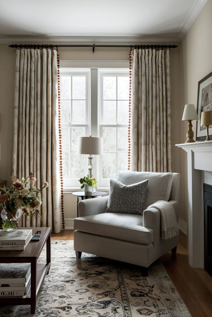 A living room with heavy, lined curtains that keep the cold out and warmth in, complementing the cozy decor