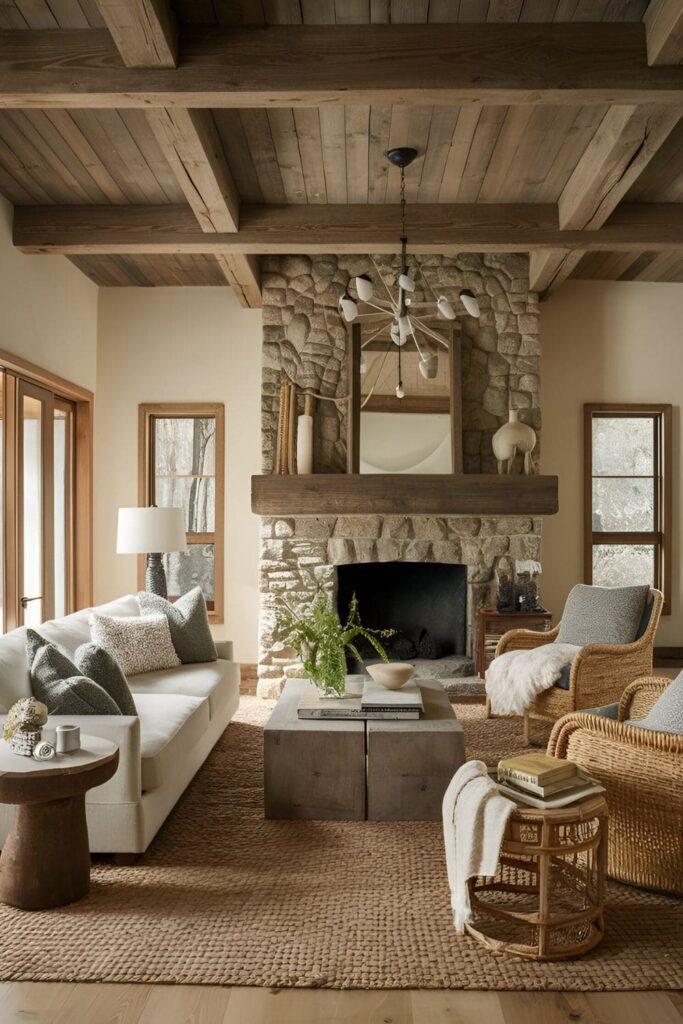 A living room with rustic elements like wooden beams, a stone fireplace, and natural fibers, creating a warm, countryside charm