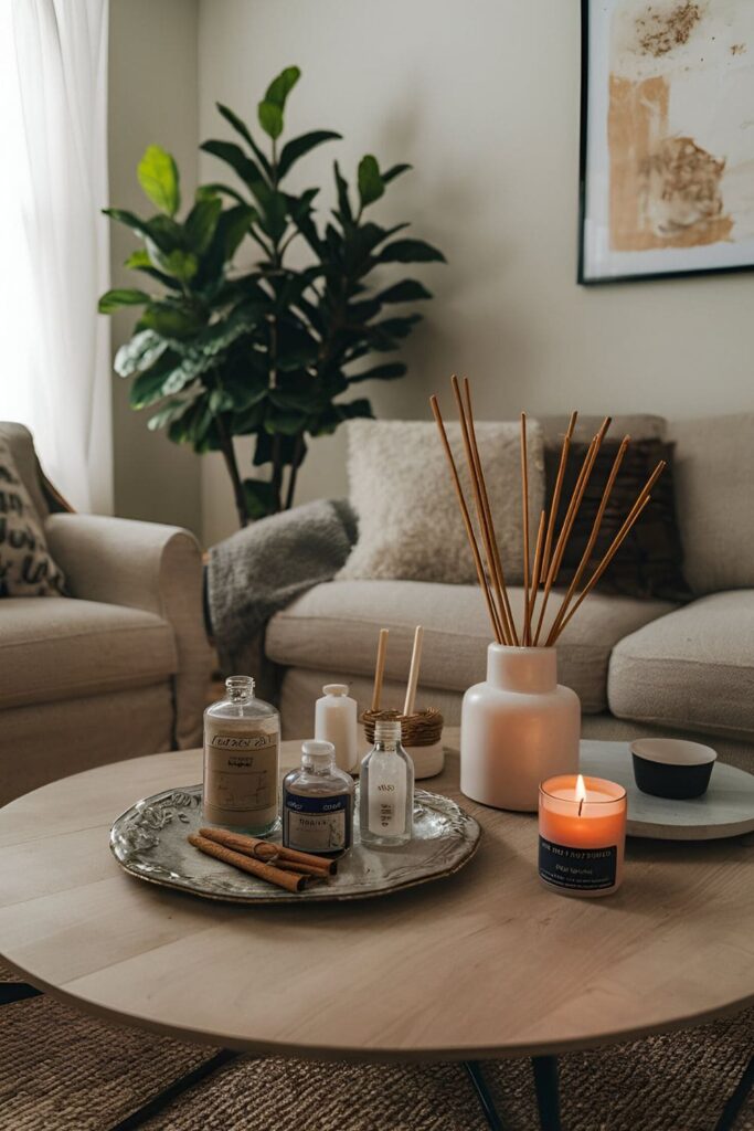 A living room with scented candles, essential oil diffusers, or incense, filling the space with comforting aromas like vanilla, lavender, and cinnamon