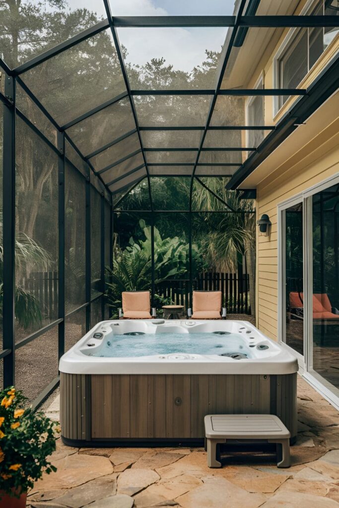 A lush garden hot tub area with retractable screens for privacy and insect protection