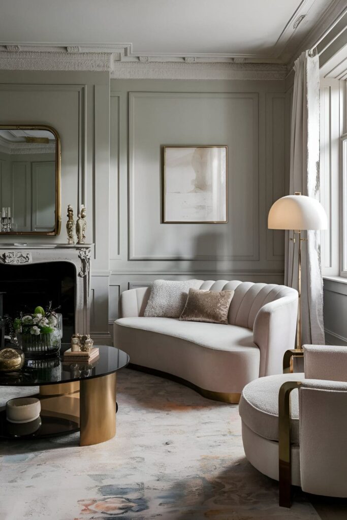 A luxurious living room with a velvet sofa, soft textures, and elegant decor creating an inviting atmosphere