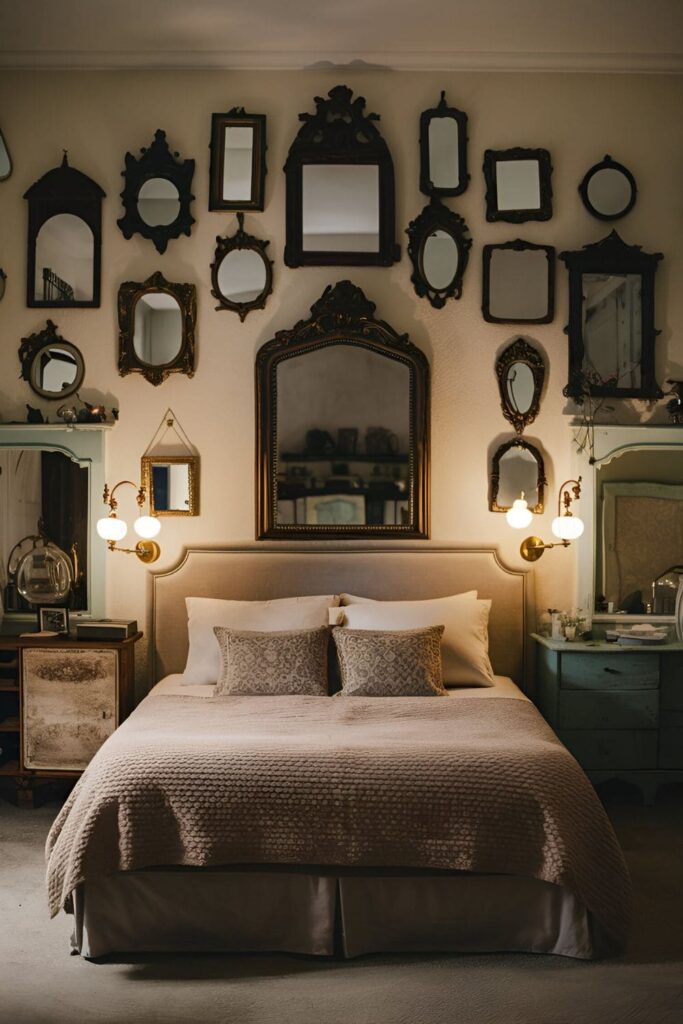 A master bedroom decorated with vintage mirrors, featuring interesting frames and antique finishes, adding charm and elegance to the space