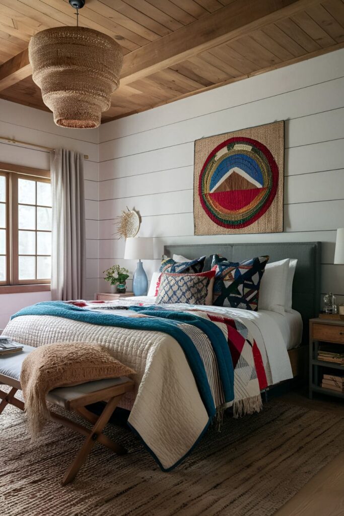 A master bedroom featuring handmade textiles such as quilts, woven throws, and embroidered pillows, adding a unique and cozy touch