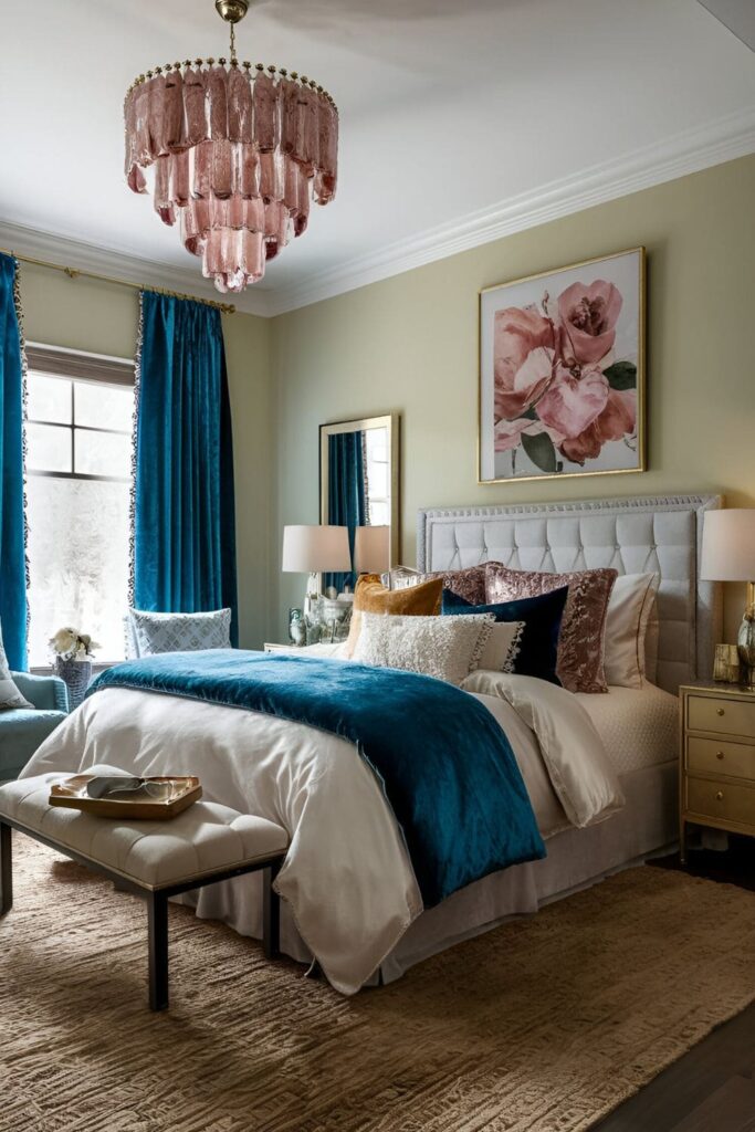 A master bedroom featuring luxurious fabrics like silk, velvet, and cashmere in the bedding, curtains, and throw pillows, adding opulence and indulgence