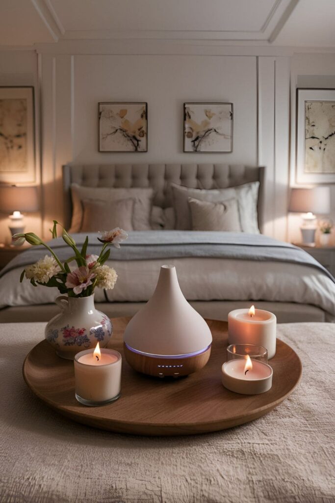 A master bedroom incorporating aromatherapy elements like essential oil diffusers, scented candles, and fresh flowers, providing soothing scents for relaxation