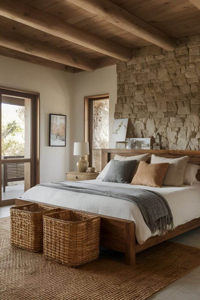 A master bedroom incorporating natural materials like wood, stone, and rattan, with wooden furniture, a stone accent wall, and rattan baskets