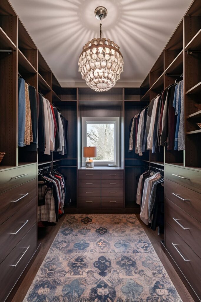 A master bedroom with a custom closet featuring ample hanging space, drawers, and shelves, enhancing functionality and organization