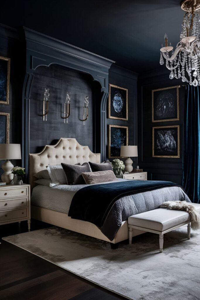 A master bedroom with dark walls in deep blues, charcoals, or black, balanced by lighter furniture and accessories for a cozy yet sophisticated atmosphere