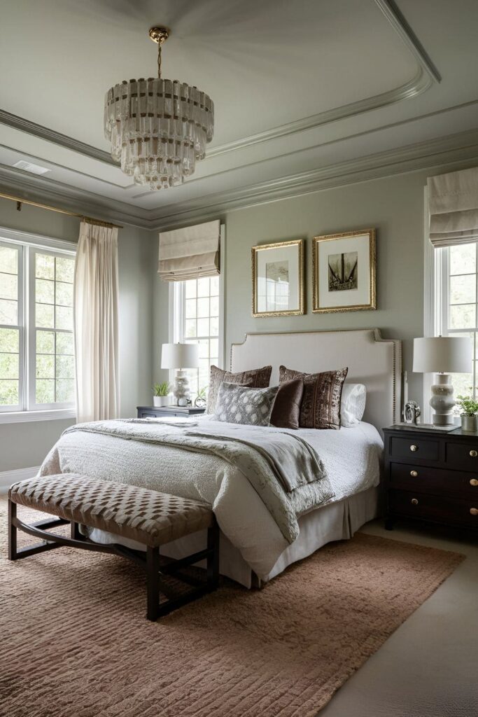 A master bedroom with elegant decorative molding, including crown molding, wainscoting, and picture frame molding, enhancing the room's sophistication