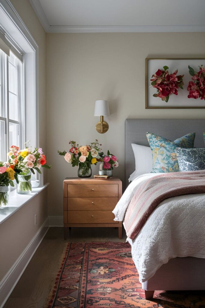 A master bedroom with floral arrangements on the nightstand, dresser, and windowsill, adding color, fragrance, and a cheerful vibe