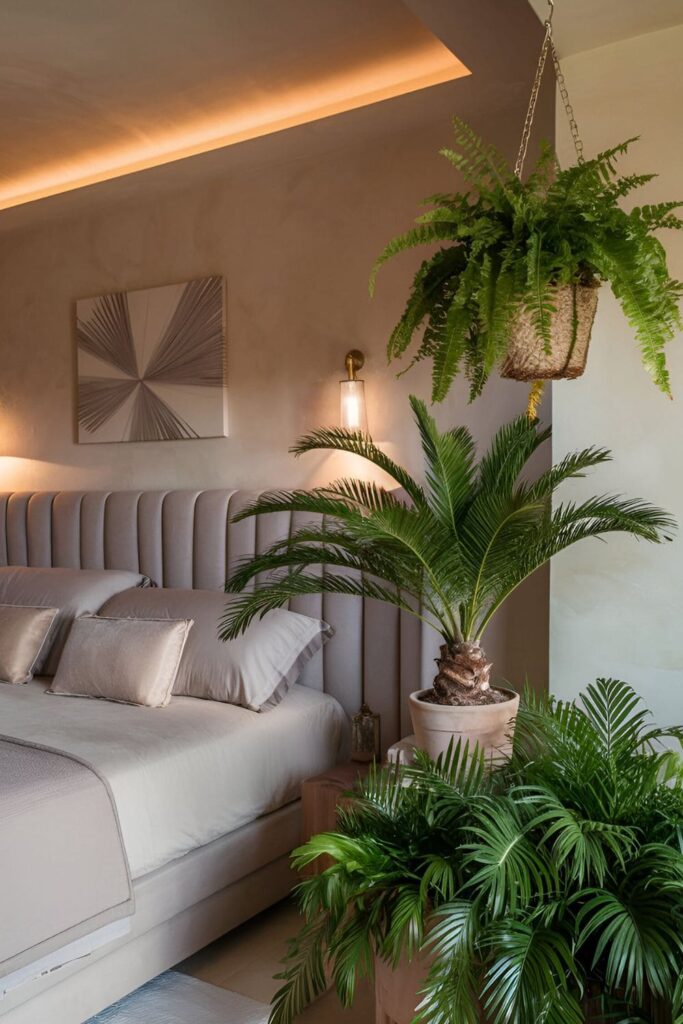 A master bedroom with fresh plants like succulents and ferns, adding greenery and improving air quality