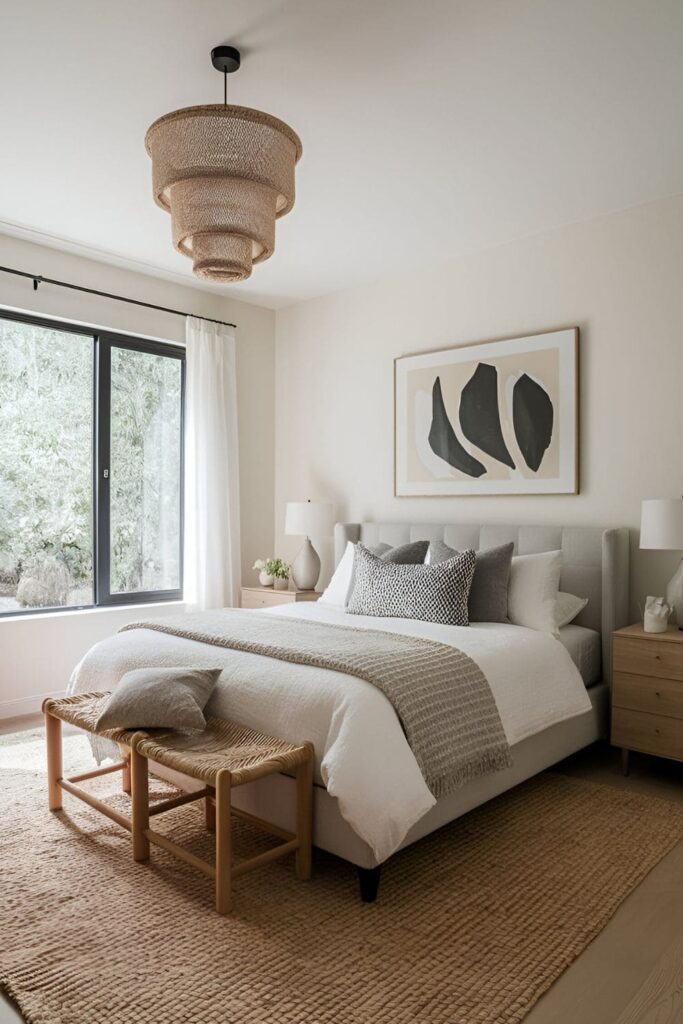 A master bedroom with minimalist design principles, focusing on essential furniture pieces, neutral colors, and simple decor for a serene space